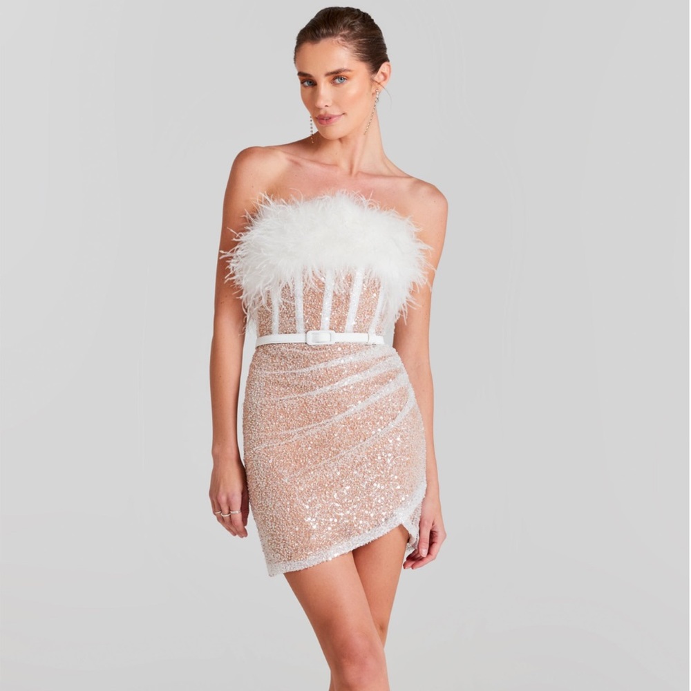 Mini white dress perfect for a wedding reception, or wedding related event.